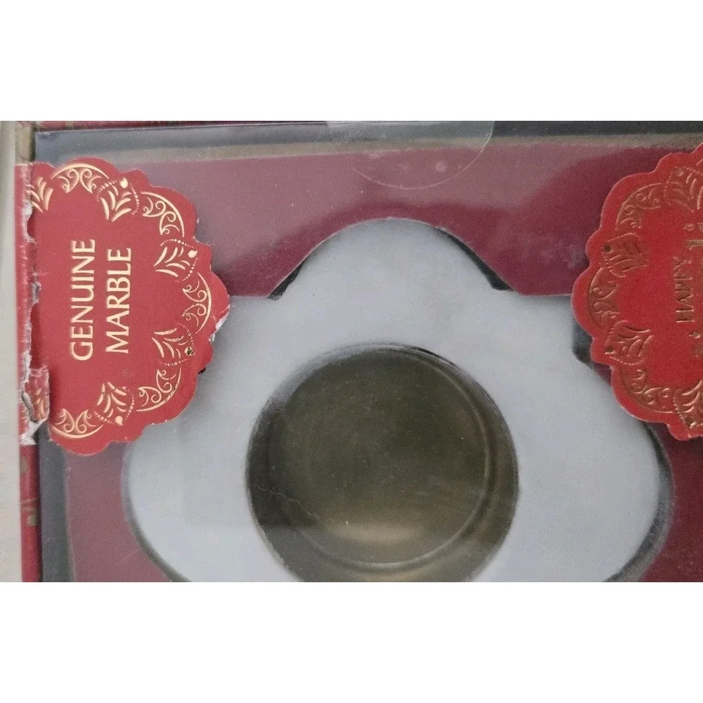 NIB Marble Brass Diwali Diya White Flower Tea Light Holder Minimalist stone deco